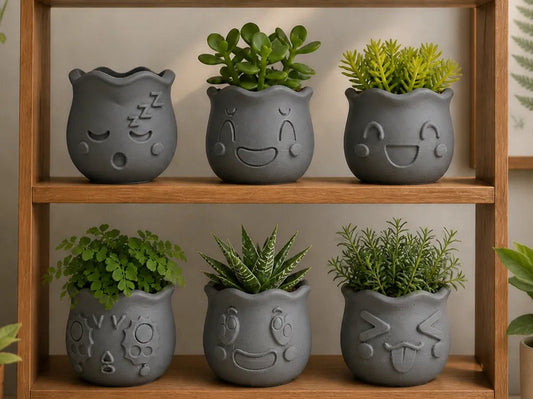 Skushy mini vetplant potjes set van 6 met cute face design, grijs