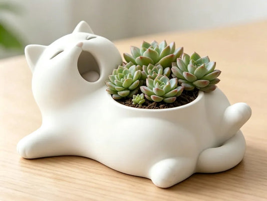 Skushy kat plantenpot voor vetplantjes, liggende kat wit