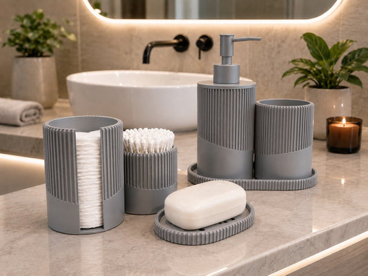 Skushy Japandi badkameraccessoires set minimalistisch - grijs, 6 delig