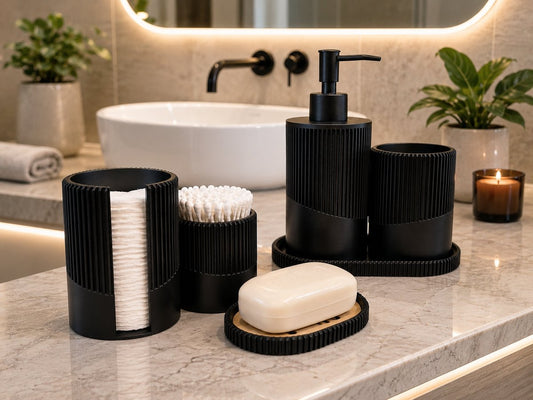 Skushy Japandi badkameraccessoires set minimalistisch - mat zwart, 6 delig